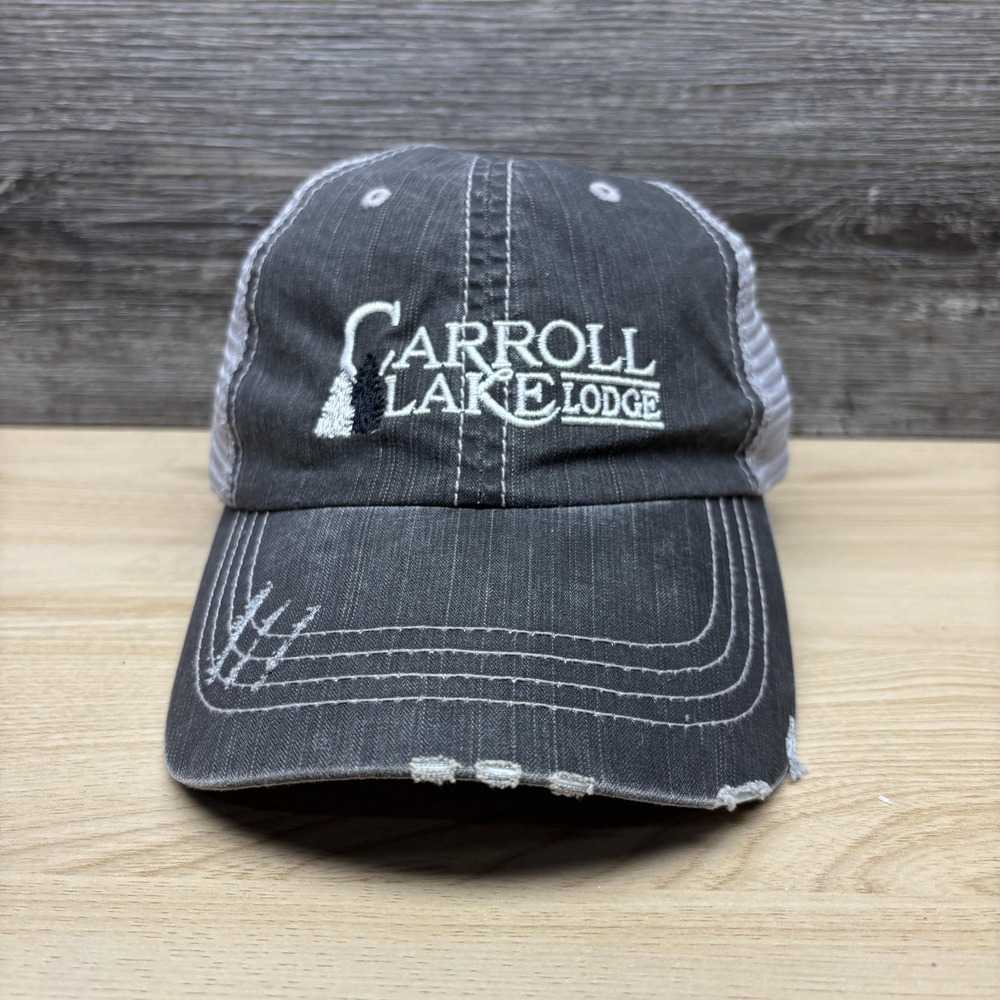 Carroll Lake Lodge Hat Cap Strap Back Gray Trucker Distressed Mens Embroidered